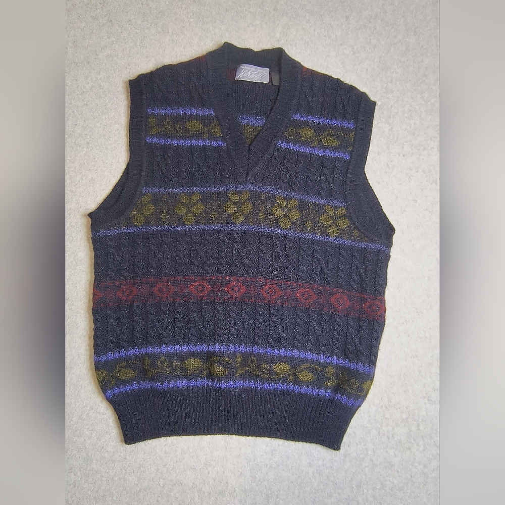 Mens L Vintage Wool Blend Fair Isle Sweater Vest 90s Preppy Academic Holiday
